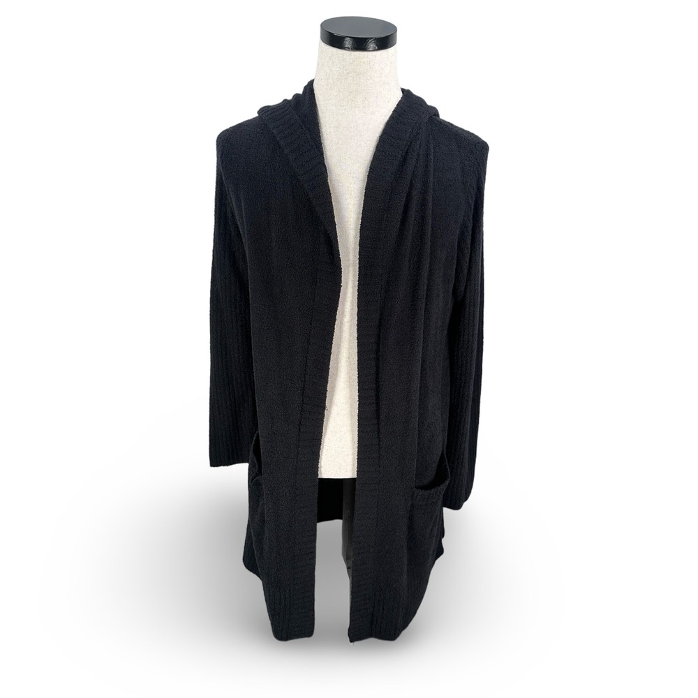 Barefoot Dreams CozyChic Lite Hooded Cardigan Black Open Front Duster Medium